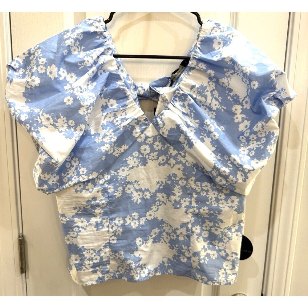 Andrew Marc New York Women’s Blue & White Floral Puff Sleeve Top Size M